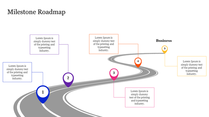 Winding road illustration with five colorful pins marking numbers, each with text boxes along the path.
