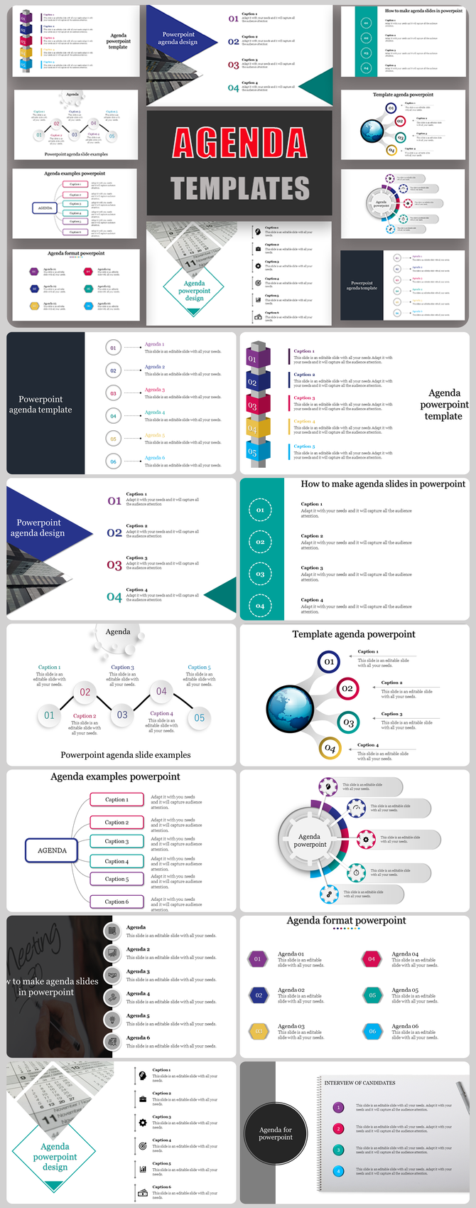 Slide deck showcasing diverse agenda designs with vertical and horizontal formats, icons, and number highlights.