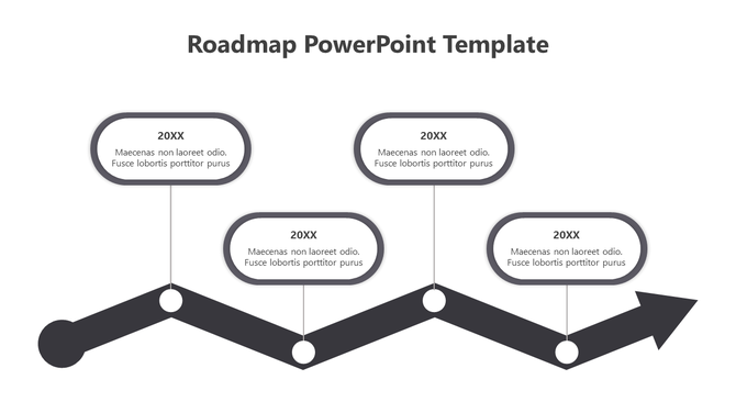 Four-step roadmap in a zigzag design with connected milestones represented by circular nodes and text boxes for descriptions.