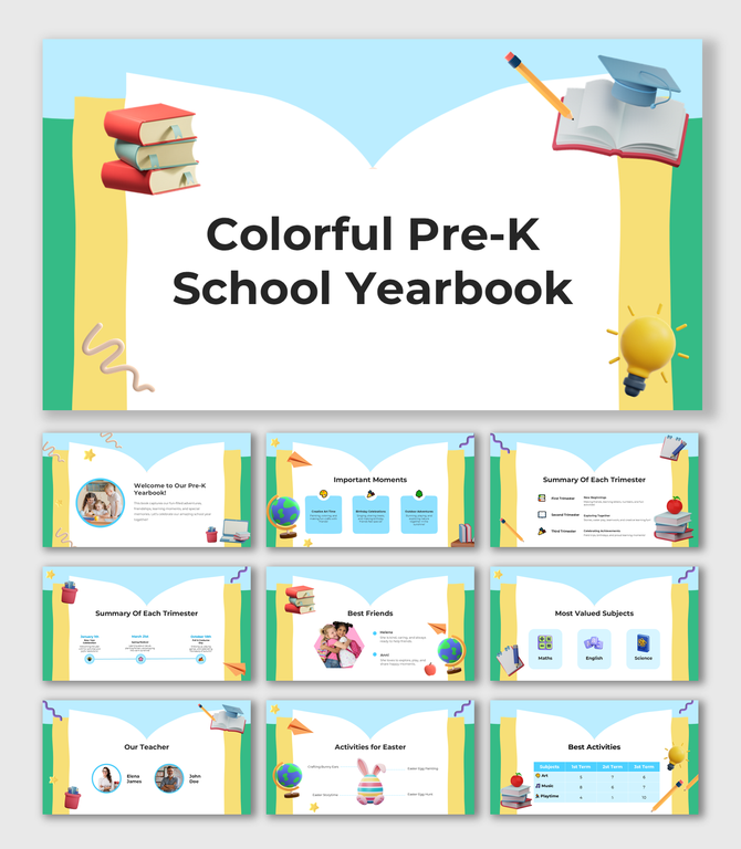 Colorful Pre-K School Yearbook with fun illustrations, student memories, best activities, and academic highlights.