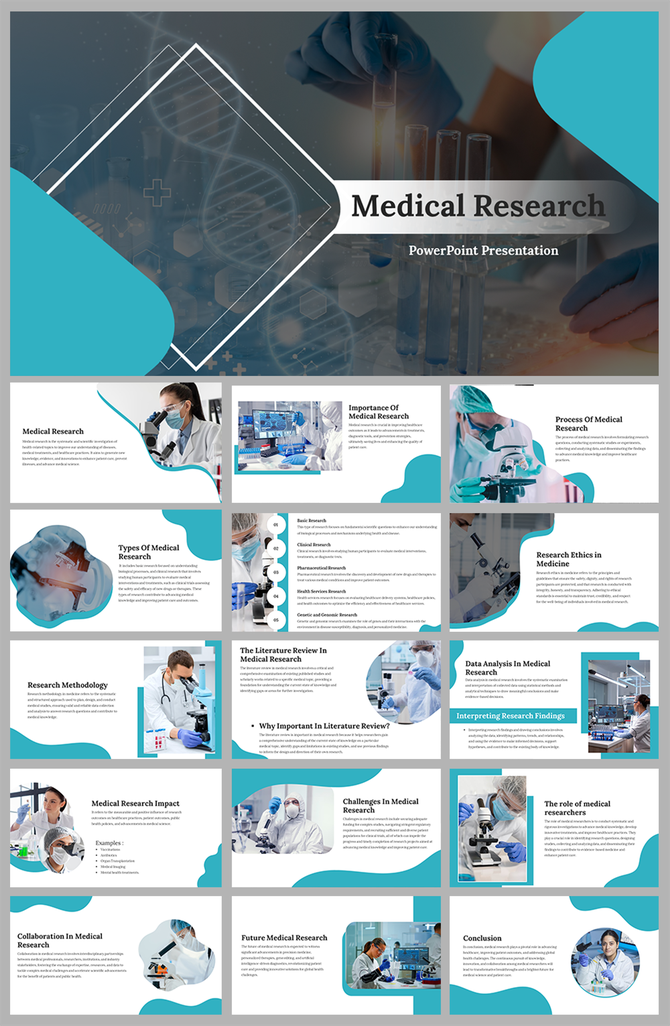 Blue and white themed slide pack featuring medical research images, covering methodology, ethics, and data analysis.