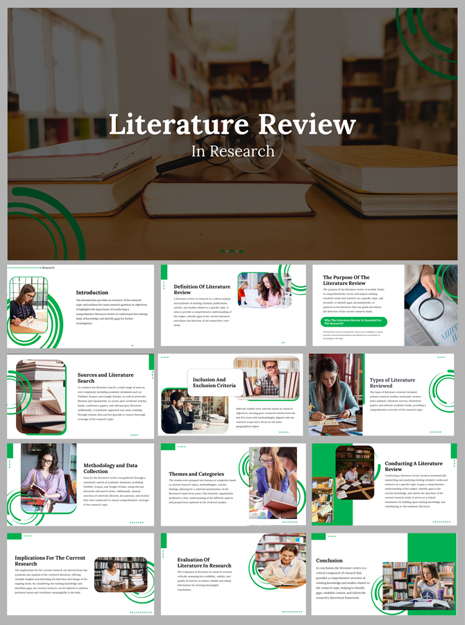 Slide deck on literature review, featuring green themed designs and images of students studying in libraries.