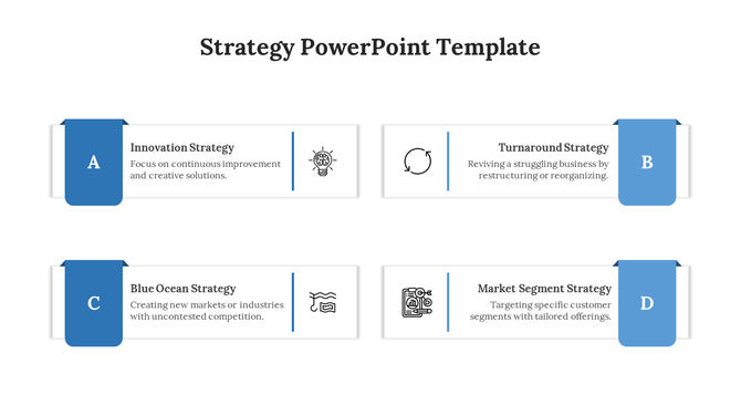 Strategy slide with four rectangular sections featuring blue labels, each with an icon and a brief text on a white backdrop.