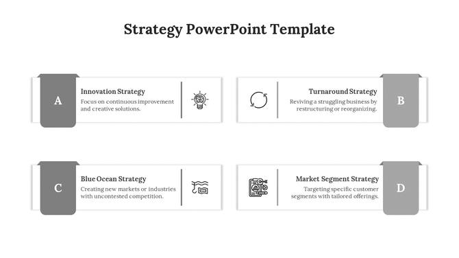 Strategy infographic PPT slide featuring structured sections with labeled categories and business strategy grey icons.