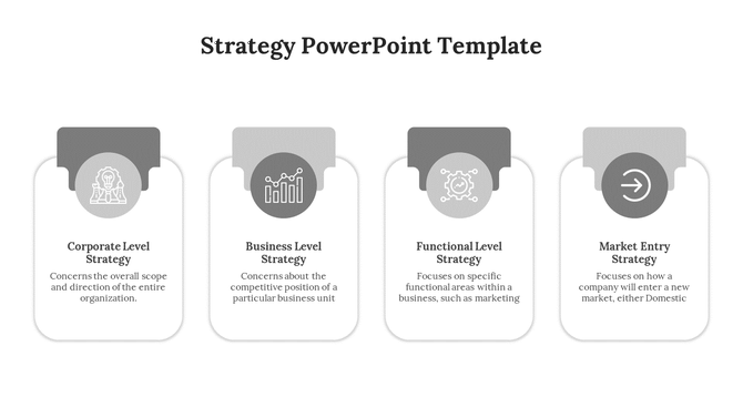 Gray themed business strategy infographic slide highlighting four levels of strategic planning with icons and descriptions.
