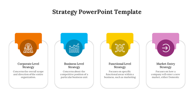 Strategy template with five vertical blocks in orange, blue, yellow, and pink, each showing icons and titles with brief text.
