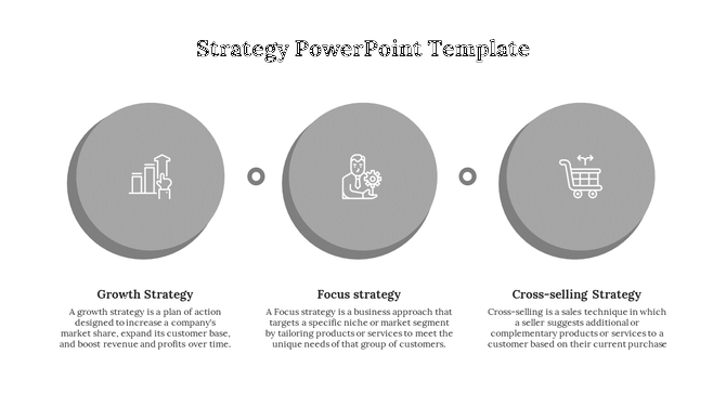 Horizontal layout of three raised gray circles with business-related icons and bold strategy titles below.