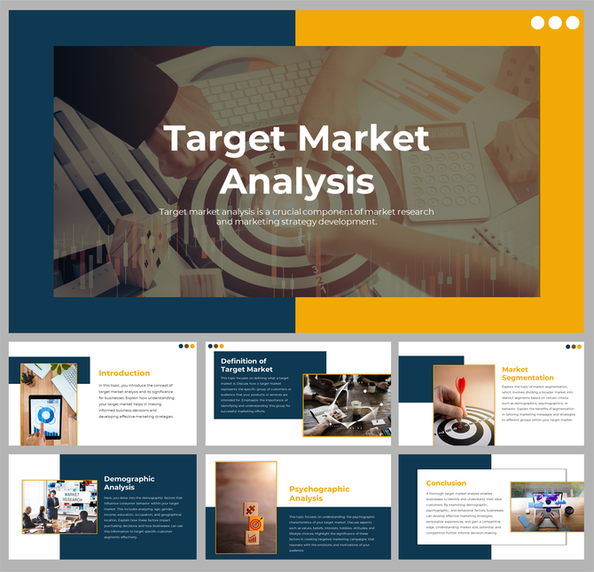 Target market analysis slides with blue and yellow designs with text descriptions.