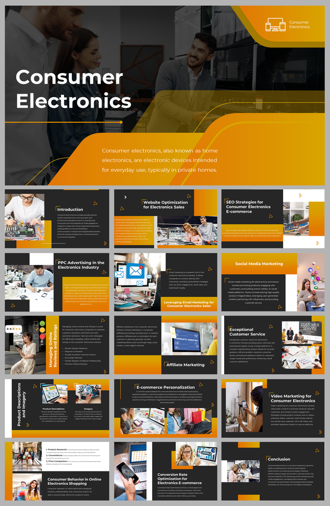 Orange and black slide deck on consumer electronics, showing strategies for online marketing, customer service, and reviews.