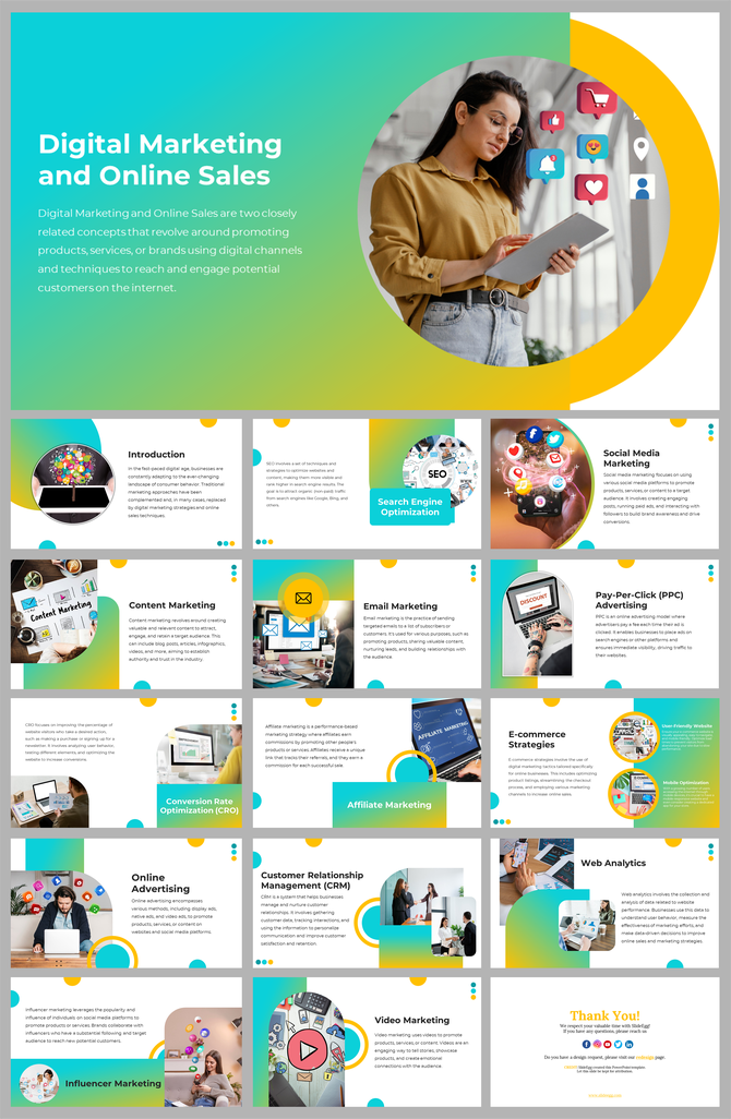 Modern slide deck with gradient backgrounds, circular elements, and images showcasing digital marketing topics.