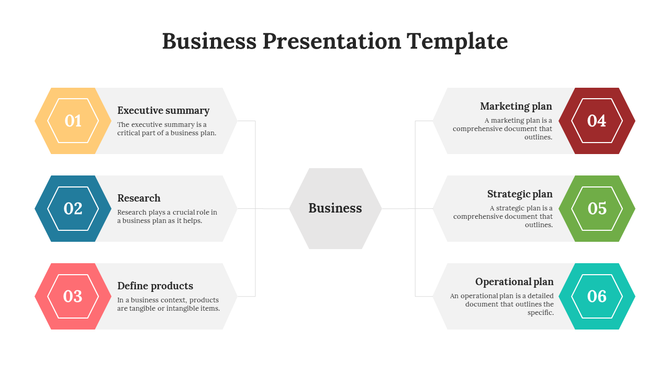 Color coded business PPT slide with hexagon shaped labels outlining the essential components of a business plan.