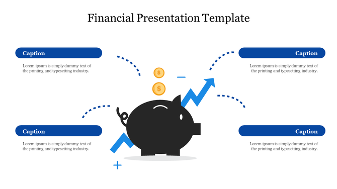 A creative financial PowerPoint template showing a piggy bank and upward trends, with blue captions and placeholder text.