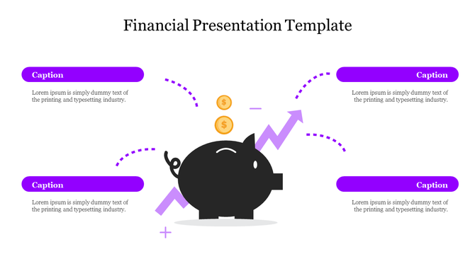 Financial infographic showing piggy bank and purple growth arrow with four bold purple caption areas.