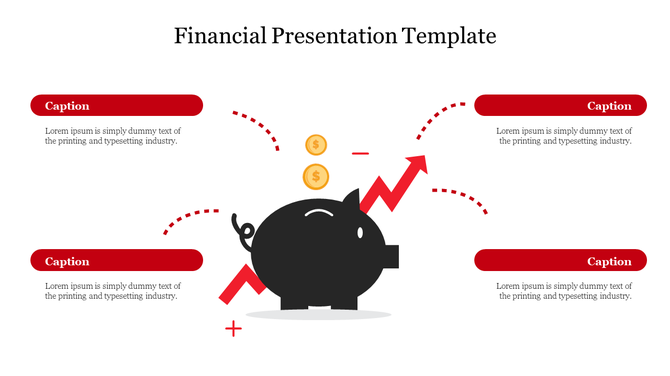 Financial presentation layout featuring a black piggy bank with red upward arrow, and four captions around it.