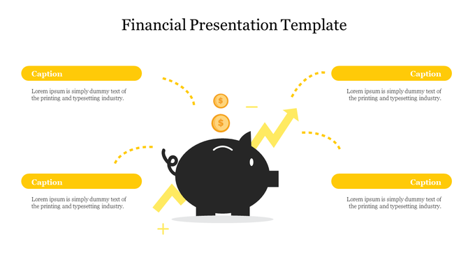 A creative financial PowerPoint template showing a piggy bank and upward trends, with yellow captions and placeholder text.