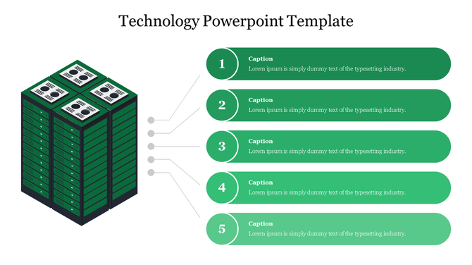 Technology PPT template with a green server stack on the left and five gradient captions numbered 1 to 5 on the right.
