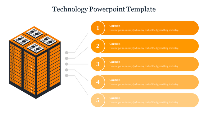 Technology themed infographic with an orange server stack on the left connected to five horizontal numbered bars. 