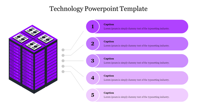 Technology slide featuring a server rack and five numbered captions in purple gradient on the right.