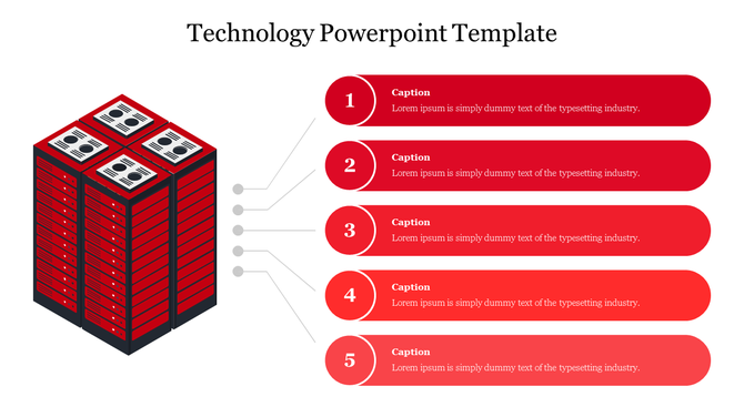 Illustration of a red server stack with five numbered text boxes aligned horizontally on the right.