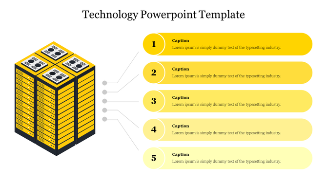 Technology PPT template with a yellow server stack on the left and five gradient captions numbered 1 to 5 on the right.