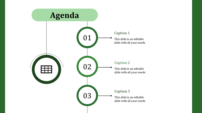 Green themed agenda slide with a vertical timeline showing three numbered steps, each with captions and a central icon.