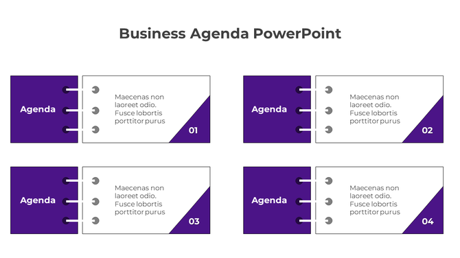 Business agenda slide with four horizontal style sections, each having a purple tab, white area, and numbered corner. 