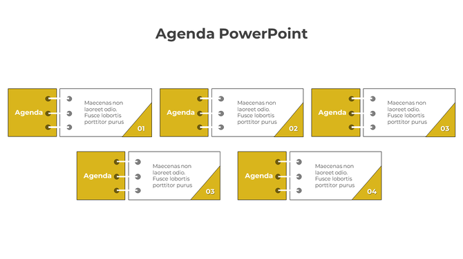 Agenda PowerPoint template with four colorful agenda items represented by tags, each with a numbered label.