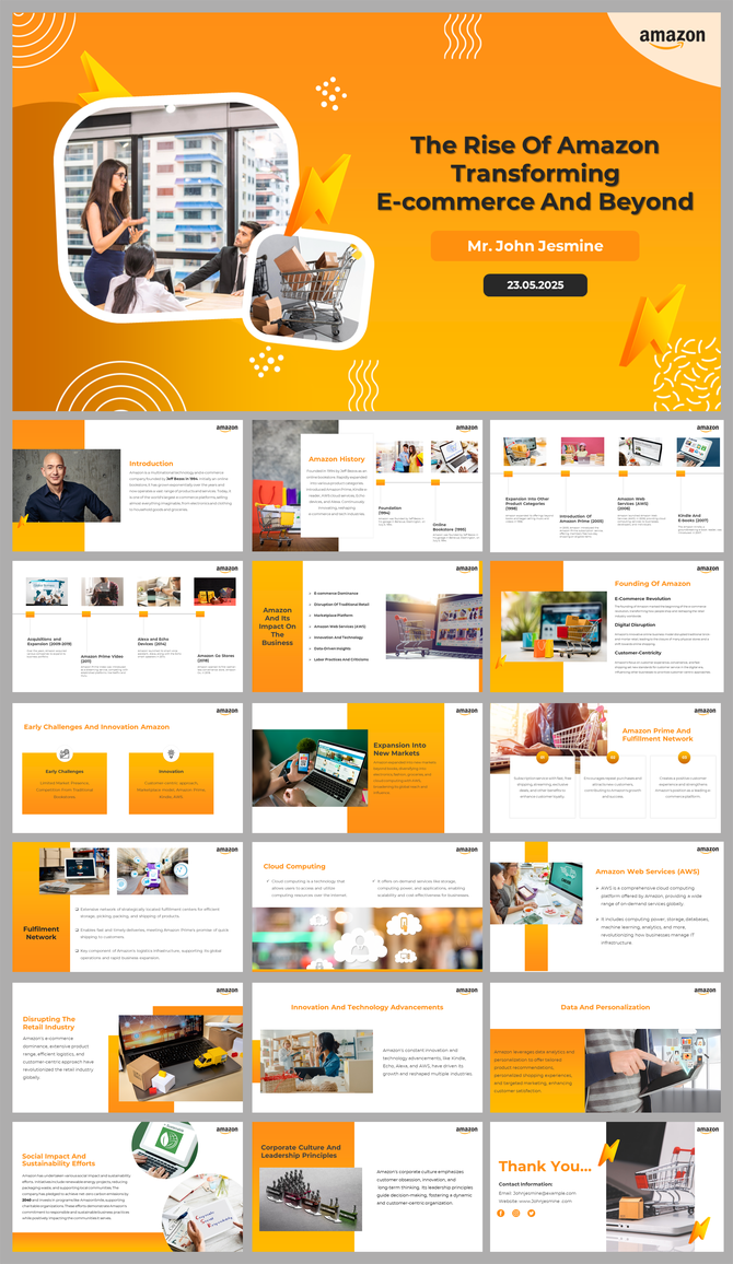 Slide pack with orange accents, showing Amazon's evolution, innovations, and its influence on global markets.