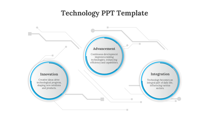 A layout with three prominent circles representing technology topics, set against a network background