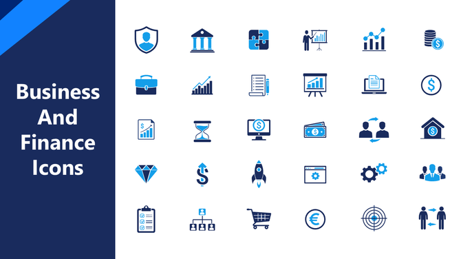Business And Finance Icons in blue tones showing charts, money, teams, reports, and planning symbols.