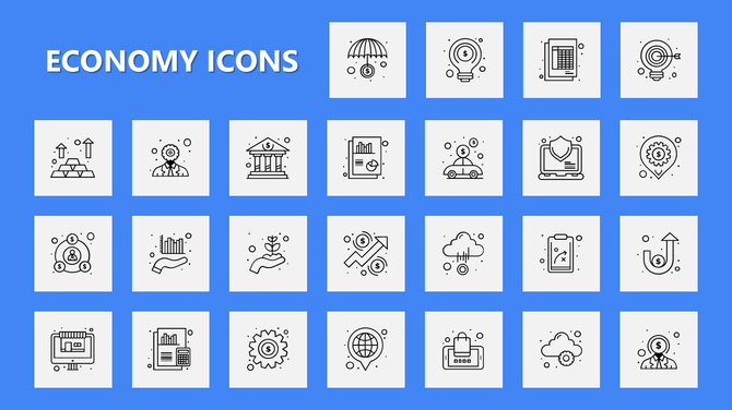 Economy Icons slide with 25 line icons of finance, banking, growth, data, and planning on a blue and gray background.