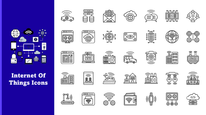 IoT Icons with cloud, devices, servers, cars, homes, smart tech in line style, blue text panel, white layout.