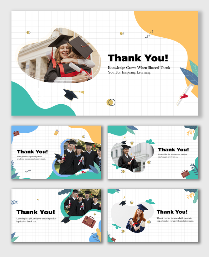 Free Thank You Slides For Acadamy with grads, caps, books, abstract shapes, text boxes, teal-yellow theme.