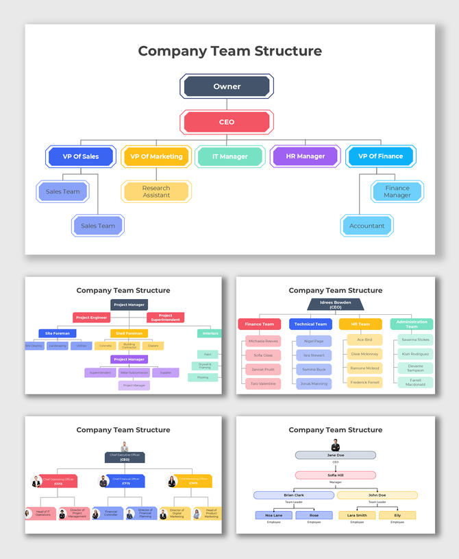 Company Team Structure chart with colorful boxes showing owner, CEO, managers, and department hierarchy.