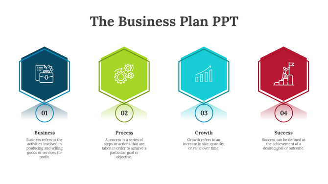 Horizontal row of four hexagons in blue, green, teal, and red, each with an icon and a numbered circle below.