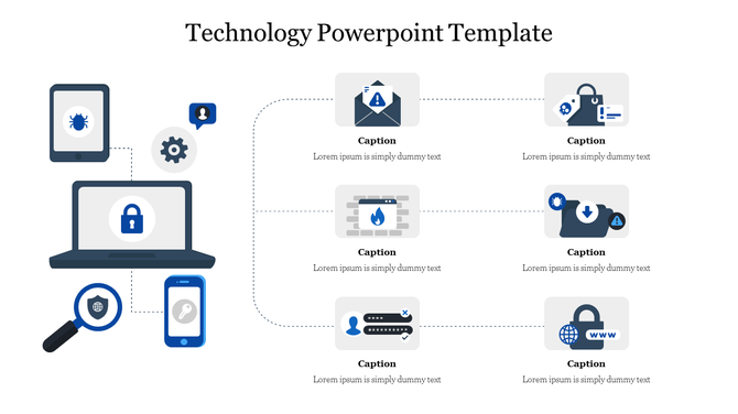 Slide featuring technology devices and icons in blue, arranged with dotted lines connecting to six descriptive captions.