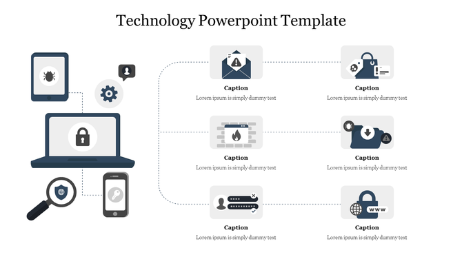 Technology PowerPoint slide showcasing security icons like a laptop, lock, and captions for cybersecurity topics.