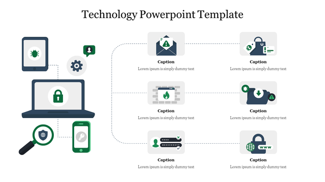 Technology themed infographic featuring a laptop, tablet, smartphone, and cybersecurity icons connected to six caption boxes.