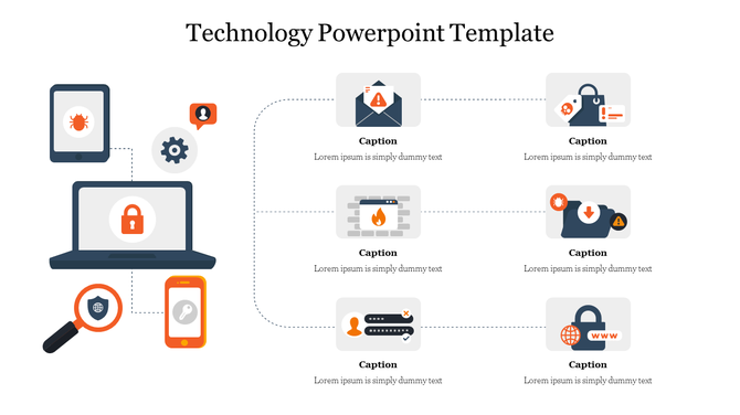 Slide showing a laptop and mobile devices with orange accents, linked to six technology related icons and captions.