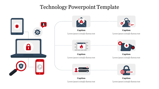 Technology template featuring digital devices and security elements, linked to six caption boxes with cybersecurity icons.
