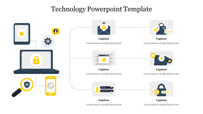 Technology themed slide with a laptop, tablet, and phone in yellow hues, and six connected icons with captions on the right.
