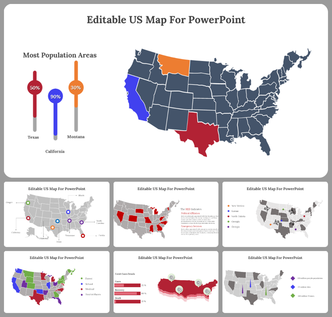 US map slides showing various data visualizations, including population percentages and highlighted regions.