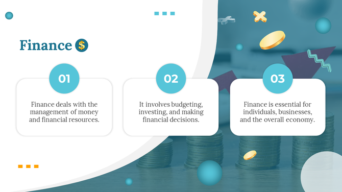 Finance-themed slide with three numbered sections, stacked coins in the background, and decorative financial icons.