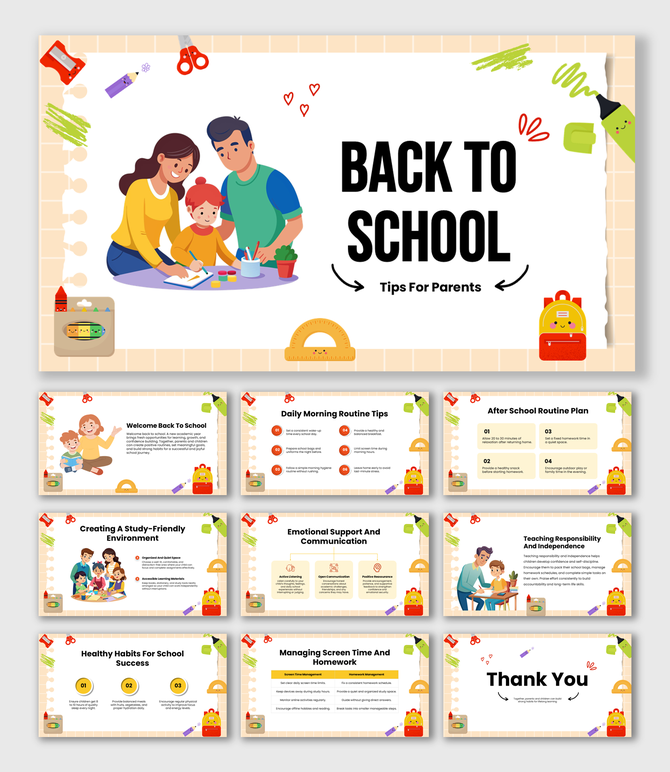 Back To School Tips For Parents Colorful Slides With Family Illustration, Routine Charts, School Icons And Advice Panels.