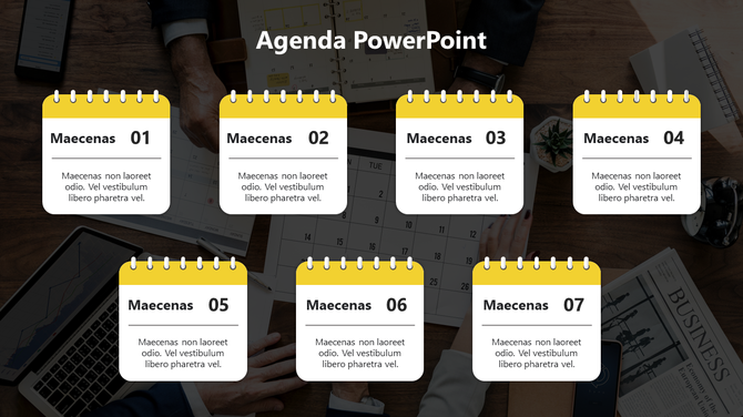 Yellow agenda placeholders in flip calendar design numbered 01 to 06 with a business meeting background.