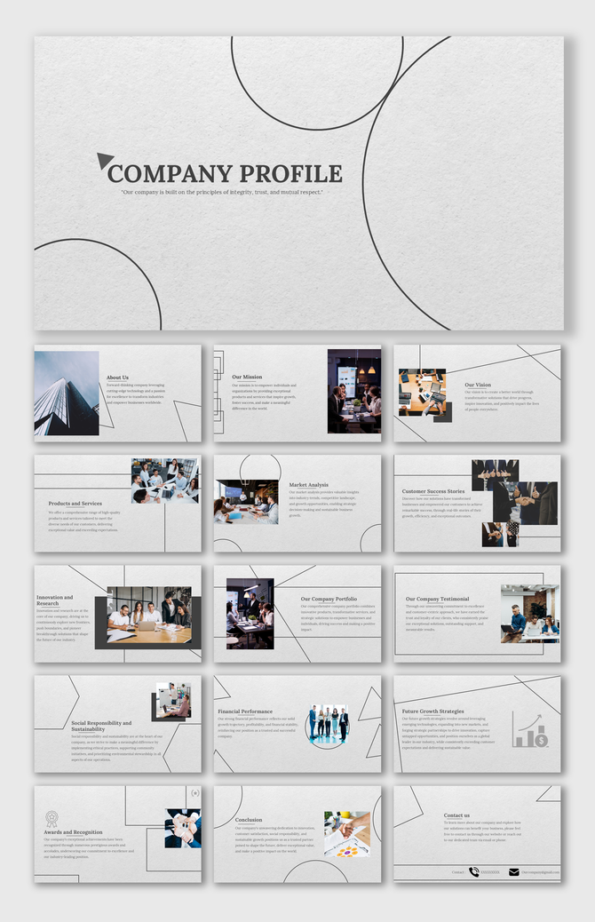 White and gray slide deck with geometric shapes and images of business teams, showcasing company mission and services.