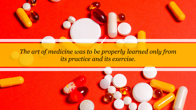 Assorted pills and capsules spread over a bright red background, overlaid by a yellow central text banner.