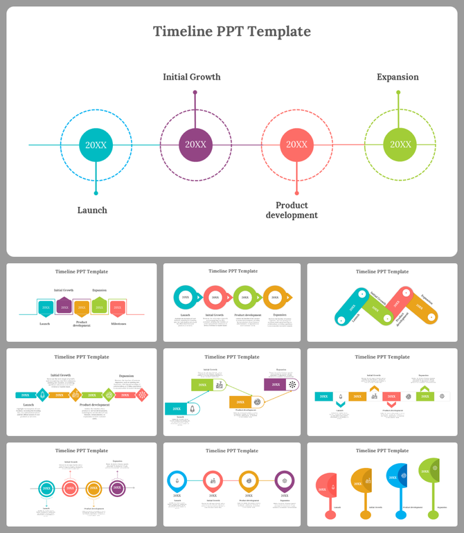 PowerPoint slides set featuring timeline graphics with colorful nodes representing key stages of progress and development.