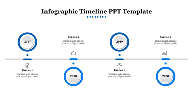 Timeline design with blue circular year markers from 2017 to 2020, featuring icons and sections for captions.