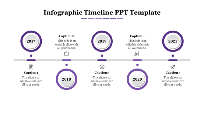 Infographic timeline PPT template with purple circular milestones from 2017 to 2021 with captions and placeholder text.